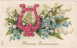 Heureux Anniversaire / Carte Gauffrée, Brillants / Fleurs, Harpe - 1908 - Anniversaire