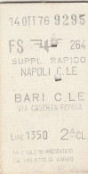 BIGLIETTO FERROVIARIO EDMONSON SUPPL.RAPIDO NAPOLI BARI L.1350 1976 (27F - Europe