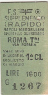 BIGLIETTO FERROVIARIO EDMONSON SUPPL.RAPIDO NAPOLI ROMA L.1600 1976 (110F - Europa