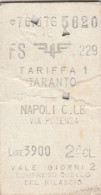 BIGLIETTO FERROVIARIO EDMONSON TARANTO NAPOLI L.3900 1976 (157F - Europa