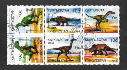 SD)1998 KYRGYZSTAN  6 TIMBERS PREHISTORIC FAUNA, DINOSAURS, SAUROLOPHUS, EUOPLOCEPHALUS, TYRANNOSAUR, VELOCIRAPTOR, GALL - Afghanistan