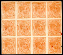 Spain 1878 5c Dull Orange Imperf Block Of 12. Frame Partly Inverted And Double Printed. Probably Printers Waste. - Neufs