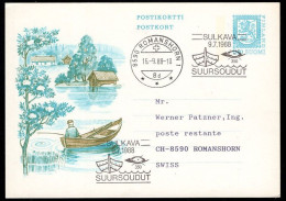 FINLAND(1988) Man In Boat Fishing. Postal Card With Illustrated Cancel Of Of Boat And Sculling Shell. "Suursoudut Sulkav - Ganzsachen