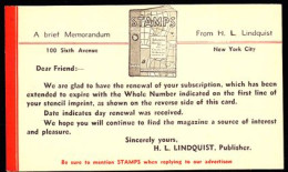 U.S.A.(1936) Stamp Magazine. One Cent Postal Card With Illustrated Ad For Subsription Renewal For Stamps Magazine. - 1921-40