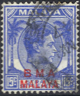 MALAYA BMA 1945 KGVI 15c Ultramarine SG12a FU - Malaya (British Military Administration)