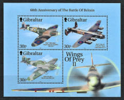 PLANES Gibraltar 2000 MNH Aivia Fighters Bomber Spitfire Royal Air Force Battle Of Britain Wings Of Prey II Stamps Block - Sonstige (Luft)