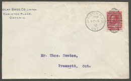 1912 Findlay Bros Corner Card Cover 2c Admiral Duplex Carleton Place To Prescott Ontario - Postal History