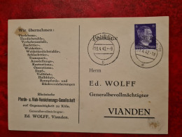 CARTE VIANDEN 1942 ENTETE ED. WOLFF PFERDE UND VIEH VERSICHERUNGS  KOLBET - 1940-1944 Ocupación Alemana