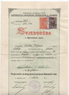 1933. KINGDOM OF YUGOSLAVIA,CROATIA,ZAGREB LAW FACULTY,2 STATE REVENUE STAMPS,UNIVERSITY DIPLOMA CERTIFICATE - Diplômes & Bulletins Scolaires