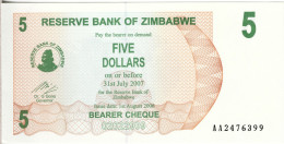 ZIMBABWE - 5 Dollars (Bearer Cheque) 2007 UNC - Simbabwe