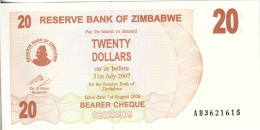 ZIMBABWE - 20 Dollars (Bearer Cheque) 2007 UNC - Simbabwe