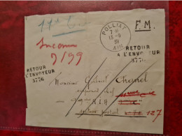 DEVANT LETTRE FM POLLIAT 1939 AIN  RETOUR A L'ENVOYEUR 3776 - Other & Unclassified