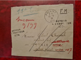 DEVANT LETTRE FM POLLIAT 1939 AIN  RETOUR A L'ENVOYEUR 3776 - Otros & Sin Clasificación