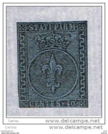 PARMA:  1852  GIGLIO  -  40 C. AZZURRO  IMPERCETTIBILE  T.L. -  MARGINI  STRETTI  -  SASS. 5 - Parma