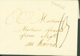 10 AUBE Marque Postale TROYES (19x3) Du 11 JUIN 1791 Taxe Manuscrite 15 Pour Le Havre - 1701-1800: Vorläufer XVIII
