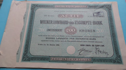 200 Kronen ACTIE " WIENER LOMBARD-und ESCOMPTE-BANK " 200 Kronen - N° 170.037 ( Sehen Sie SCANS ) Wien 1921 ! - Banque & Assurance