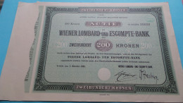 200 Kronen ACTIE " WIENER LOMBARD-und ESCOMPTE-BANK " 200 Kronen - N° 533122 ( Sehen Sie SCANS ) Wien 1921 ! - Banque & Assurance