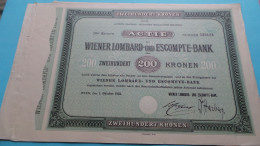 200 Kronen ACTIE " WIENER LOMBARD-und ESCOMPTE-BANK " 200 Kronen - N° 533124 ( Sehen Sie SCANS ) Wien 1922 ! - Bank & Versicherung