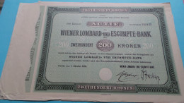 200 Kronen ACTIE " WIENER LOMBARD-und ESCOMPTE-BANK " 200 Kronen - N° 533125 ( Sehen Sie SCANS ) Wien 1922 ! - Bank & Versicherung