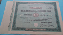 200 Kronen ACTIE " WIENER LOMBARD-und ESCOMPTE-BANK " 200 Kronen - N° 116.820 ( Sehen Sie SCANS ) Wien 1922 ! - Bank & Versicherung