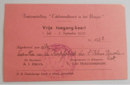 Vrije Toegang-kaart Tentoonstelling Edelsmeedkunst Ih Brugse 1950 Burgemeester Van Hoestenberghe Brugge Secr Delva - Tickets D'entrée