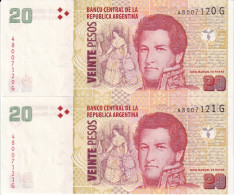 PAREJA CORRELATIVA DE ARGENTINA DE 20 PESOS DEL AÑO 2003 SIN CIRCULAR (UNC) (BANKNOTE) - Argentine