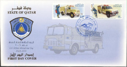 Quatar 2006, Civil Defence Day, Car, Fire Engine, 2val In FDC - Qatar