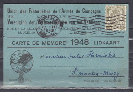 Lidkaart Van Union Des Fraternelles De L'Armée De Campagne Bruxelles - 1935-1949 Piccolo Sigillo Dello Stato