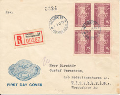 Finland Registered FDC 1-4-1947 In Block Of 4 POSTSPAREBANKEN 60th Anniversary Sent To Sweden - FDC