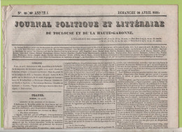 JOURNAL POLITIQUE DE TOULOUSE 26 4 1835 - MONS - SOIGNIES - ALEXANDRIE - TOULOUSE FETE DU ROI - ALGER - CAISSE D'EPARGNE - 1800 - 1849