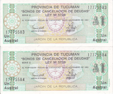 PAREJA CORRELATIVA DE ARGENTINA DE TUCUMAN DE 1 AUSTRAL DEL AÑO 1991 SIN CIRCULAR (UNC) (BANK NOTE) - Argentina