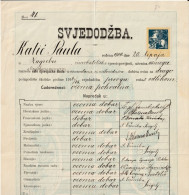 CROATIA  / K. U. K. AUSTRIA  -  VISA DJEVOJACKA . SK. U SAM.  Ss MILOSRDNICA  CERTIFICATE  - 1915  - TAX STAMP 30 FILLER - Diplômes & Bulletins Scolaires