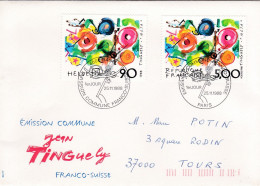 FDC--25-11-1988--Emission Commune Franco-Suisse --JEAN TINGUELY --destinée à Tours-37 --2 Cachets - 1980-1989