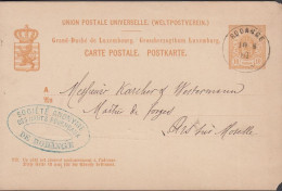 1881. LUXEMBOURG. 10 CENTIMES CARTE POSTALE Cancelled With LUXUS Cancel RODANGE 10 8 81. Sender SOCIETE AN... - JF445178 - Stamped Stationery