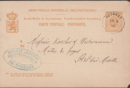 1881. LUXEMBOURG. 10 CENTIMES CARTE POSTALE Cancelled With LUXUS Cancel RODANGE 10 8 81. Sender SOCIETE AN... - JF445178 - Postwaardestukken