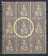 SUISSE Ca.1882: Le ZNr. 45.2.01 (Doppelprägung) Au Centre D'un Bloc De 9 Du 45, Neufs**, Forte Cote - Unused Stamps