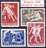 BULGARIA 1949: Sports (javelin Throwing / Walking / Hurdle Jump / Motorbike & Tractor) -  Michel-N° 704-707 ** MNH - Motorfietsen