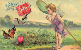 Chasse Aux Papillons * CPA Illustrateur Gaufrée Embossed * Ange Angelot Angel Papillon Butterfly Coeur Heart - Vlinders