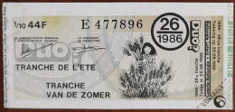 Billet De Loterie Nationale Belgique 1986 26e Tranche De L'Eté - 25-6-1986 - Billetes De Lotería