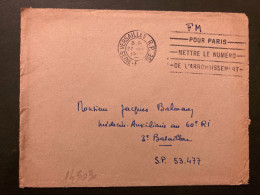 LETTRE En FM OBL.MEC.27 VII 194? VERSAILLES RP Pour Jacques BALMAUY Médecin Auxiliaire 60e RI 3e Bataillon SP 53.477 - Poste Aérienne Militaire