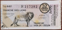 Billet De Loterie Nationale Belgique 1986 32e Tranche Des Lions - 6-8-1986 - Biglietti Della Lotteria