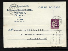 CP  Etablissement  Georges Gamel   40c Paix  Perforé  GC Oblit  NIMES 1937 "le Vin De France".... - Brieven En Documenten