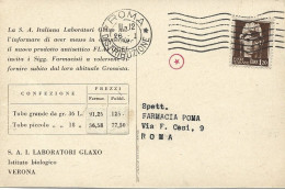 STORIA POSTALE 26/1/1946 CARTOLINA PUBBLICITARIA "FLAVOGEL" LIT 1,20 CON IMPERIEL TURRITA LIT 1,20ISOLATO N. 532 - Pubblicitari