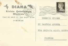 STORIA POSTALE 11/1/1938 CARTOLINA COMMERCIALE "RIVISTA DIANA" CON 10 CENT. IMPERIALE ISOLATO N. 245 - Publicity