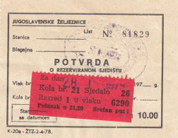 Yugoslavia Yugoslav Railways Train Ticket With Paid Seat Reservation 1978 - Europa