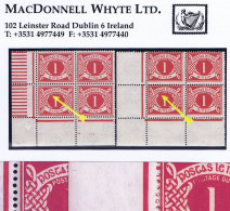 Ireland 1925 Wmk Se 1d Varieties 'Inverted Q' And 'Blotted POS' Of R10/1, In Matching Corner Blocks Mint - Postage Due