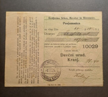 Yugoslavia Slovenia 1924 Receipt " Prejemnica" With  Stamp "Vodice Nad Ljubljano" Davcni Urad Kranj (No 2097) - Storia Postale