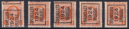 PREO HOUYOUX ROI KING KONING KONIG BRUXELLES 1924 BRUSSEL SURCHARGE DEPLACEES 5 DIFFERENTS - Typo Precancels 1922-31 (Houyoux)