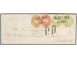 AUSTRIA. 1864. 3kr. Pale Green Pair, Single 5kr. Rose And 15kr. Brown All Used On Cover To ANCONA, Tied By Two Line Date - Altri & Non Classificati