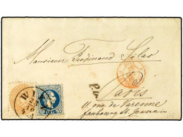 AUSTRIA. 1867 (Oct.). Cover To PARIS Franked By 1864 15 Kr. Pale Brown Arms Type, Perf 9 1/2 And 1867 10 Kr. Blue For 25 - Other & Unclassified